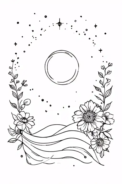 fine line celestial spine tattoo with flowers, a hill, sunlight tattoo design idea