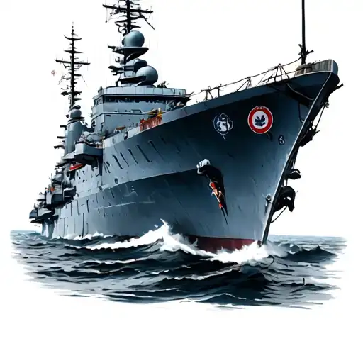 A realistic portrayal of the Japanese battleship Yamato on the back of the arm, drawing details from the historical phot tattoo design idea