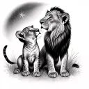 young female lion cub with younger male lion cub looking up at a star tattoo design idea