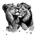young female lion cub with younger male lion cub looking up at a star tattoo design idea
