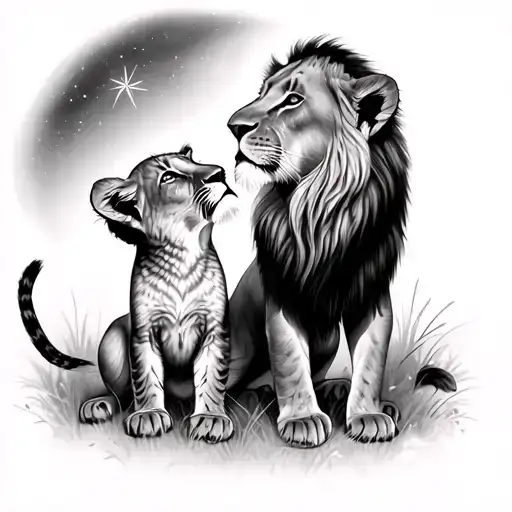 young female lion cub with younger male lion cub looking up at a star tattoo design idea