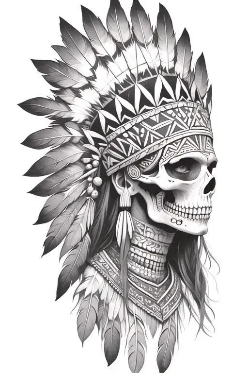 aztec warrior girl, skeletal fierce face, crown skull, geometric patterns feathers , spirituality, afterlife, death tattoo design idea