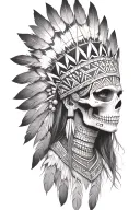 aztec warrior girl, skeletal fierce face, crown skull, geometric patterns feathers , spirituality, afterlife, death tattoo design idea