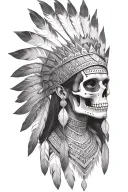 aztec warrior girl, skeletal fierce face, crown skull, geometric patterns feathers , spirituality, afterlife, death tattoo design idea