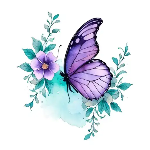 a half purple and half teal butterfly with vines and flowers tattoo design idea