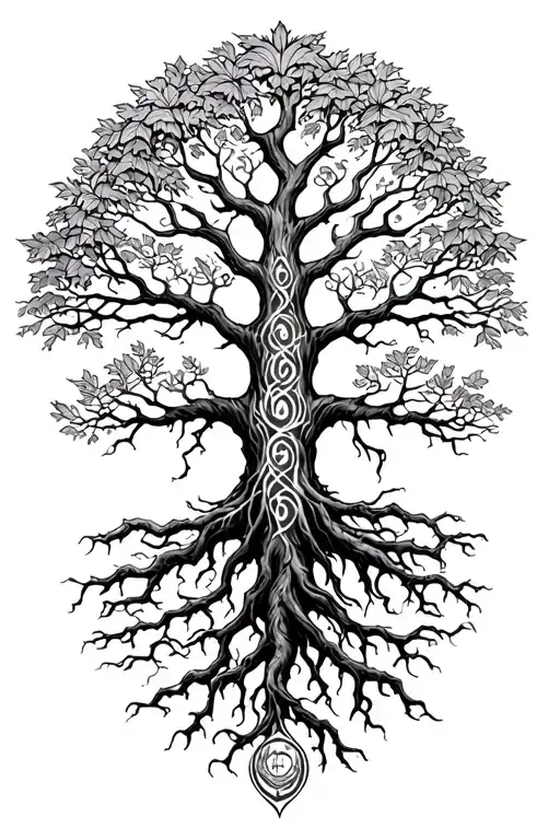 yggdrasil with 3 long roots reaching for the nine realms with alot of leafs tattoo design idea