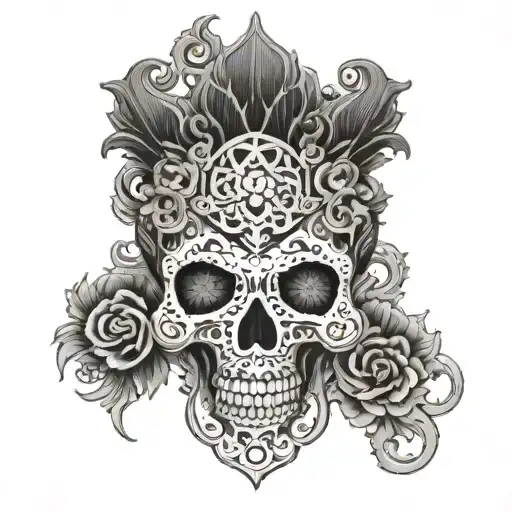 ornate black work Tibetan skull tattoo design idea
