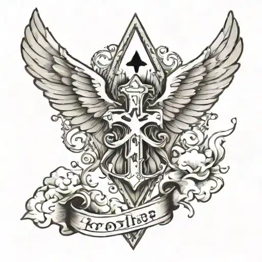 name written with clouds crosses and doves around it tattoo design idea