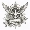 name written with clouds crosses and doves around it tattoo design idea