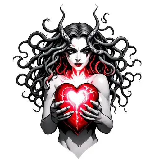 evil medusa holding a glowing heart with snakes coming out looking at the glowing hearts tattoo design idea