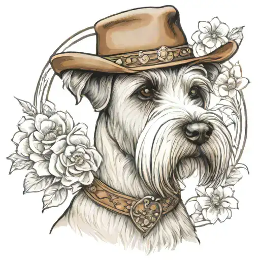 wheaten female schnauzer with cowgirl hat and brown eyes and a collar with flowers  with western background tattoo design idea
