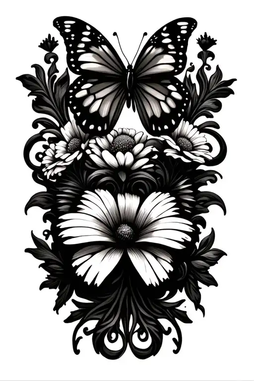 flowers and butterflies with swirls (no color) tattoo design idea