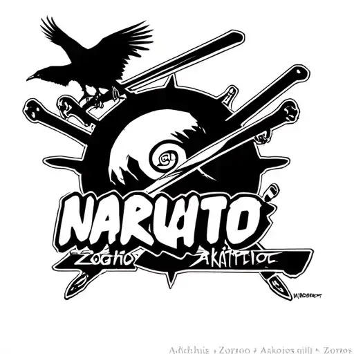 naruto one piece logos combined. add itachis crow, zoros 3 swords, akatsuki cloud top as background without the letters  tattoo design idea