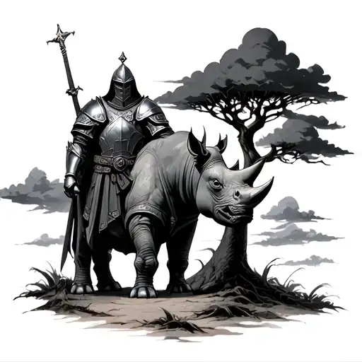 templar knight and a rhino bleded. dark scene with clouds and a kenyan tree tattoo design idea