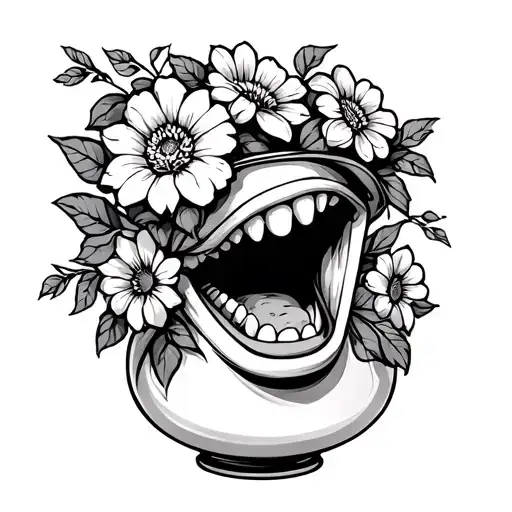 Greek vase of flowers with a mouth with open teeth  tattoo design idea
