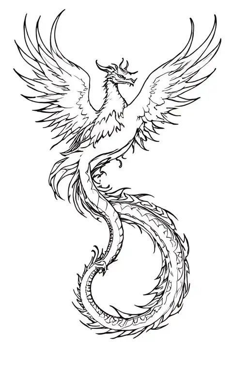 phoenix rising up with tail interwined with a dragon going downward  tattoo design idea