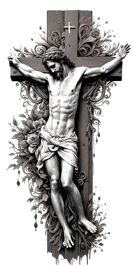 old life vs new life biblical with relative verses and filigree include the crucifiction of Jesus and his blood  tattoo design idea