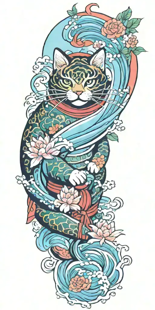 samurai cat, water, waves, lotus, sakura, clouds, whirlpool, leaves, peony, tree tattoo design idea