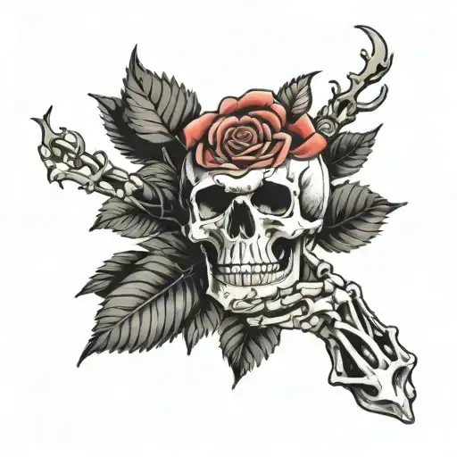 The rose in the palm of the skeleton hand holding tattoo design idea