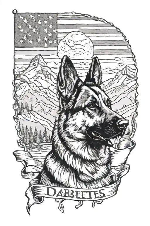 portrait of German shepherd saying "diabetes" in mountain scene with flag waving tattoo design idea