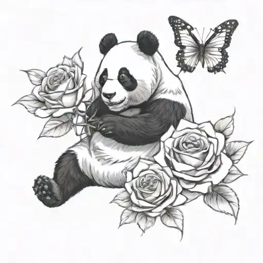 Panda sitting on an open rose reaching for a butterfly tattoo design idea