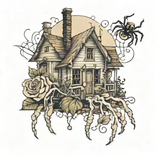 A haunting Adeline style house on the thigh with rose and honey suckle on the knee, a spider incorporated somewhere  tattoo design idea
