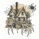 A haunting Adeline style house on the thigh with rose and honey suckle on the knee, a spider incorporated somewhere  tattoo design idea