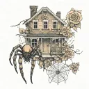 A haunting Adeline style house on the thigh with rose and honey suckle on the knee, a spider incorporated somewhere  tattoo design idea