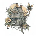 A haunting Adeline style house on the thigh with rose and honey suckle on the knee, a spider incorporated somewhere  tattoo design idea
