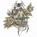 A haunting Adeline style house on the thigh with rose and honey suckle on the knee, a spider incorporated somewhere  tattoo design idea