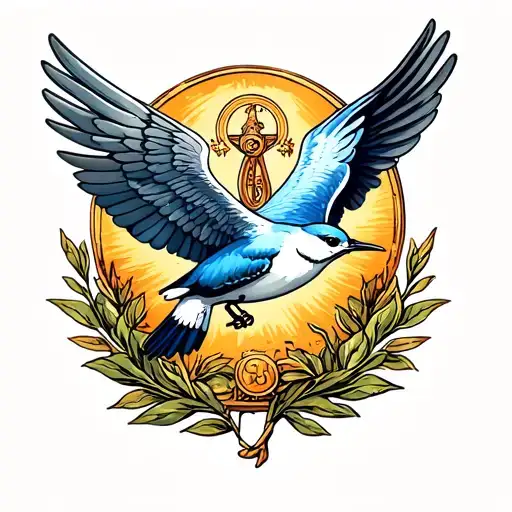 saint Christopher medallion and a swallow with spread wings tattoo design idea