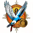 saint Christopher medallion and a swallow with spread wings tattoo design idea