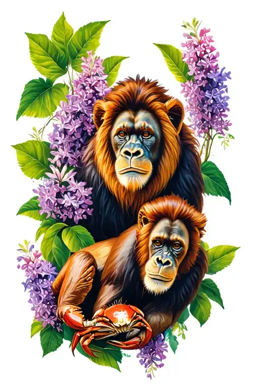 Lion, crab, orangutan family, lilacs intertwined tattoo design idea