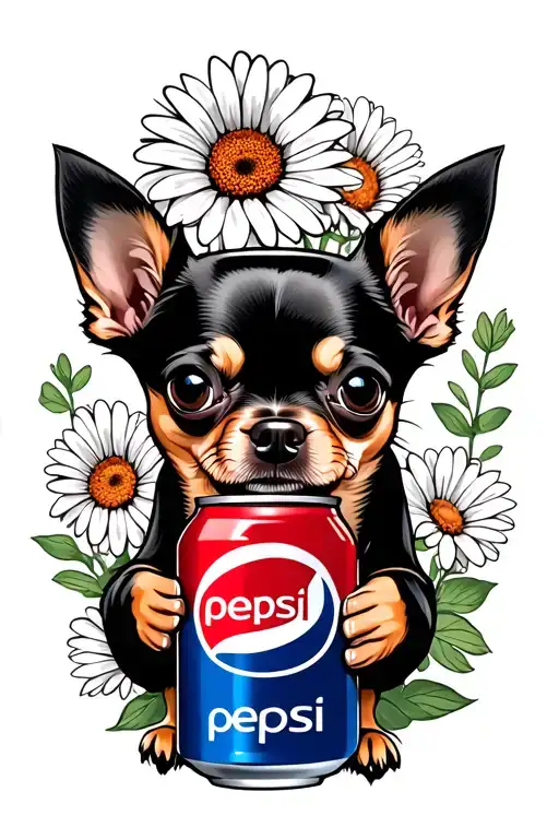 A Chihuahua holding a Diet Pepsi can surrounded by gerbera daisies tattoo design idea