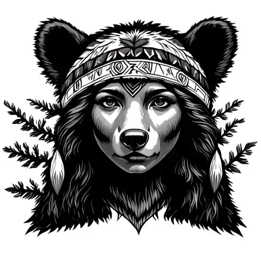 arm sleeve tattoo of forest with native girl with bear head tattoo design idea