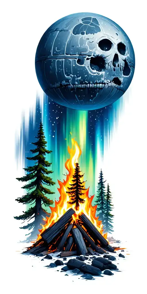 campfire with trees ashes into northern lights with Death Star at top tattoo design idea
