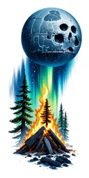 campfire with trees ashes into northern lights with Death Star at top tattoo design idea