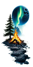 campfire with trees ashes into northern lights with Death Star at top tattoo design idea