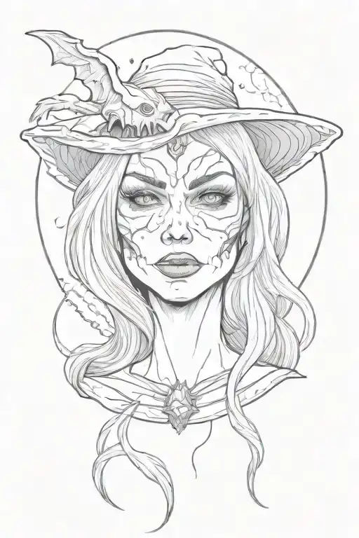 evil witch with fangs on her teeth face only lookingipward towards the moon  tattoo design idea