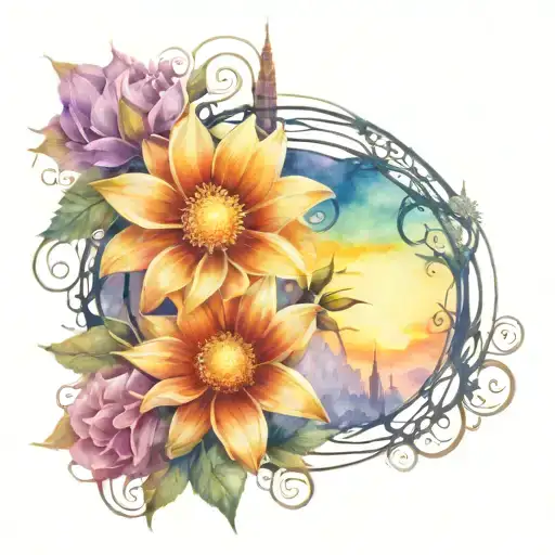 The stylized golden sun from Tangled, with soft rays that transform into flowers around it and a tower in the background tattoo design idea