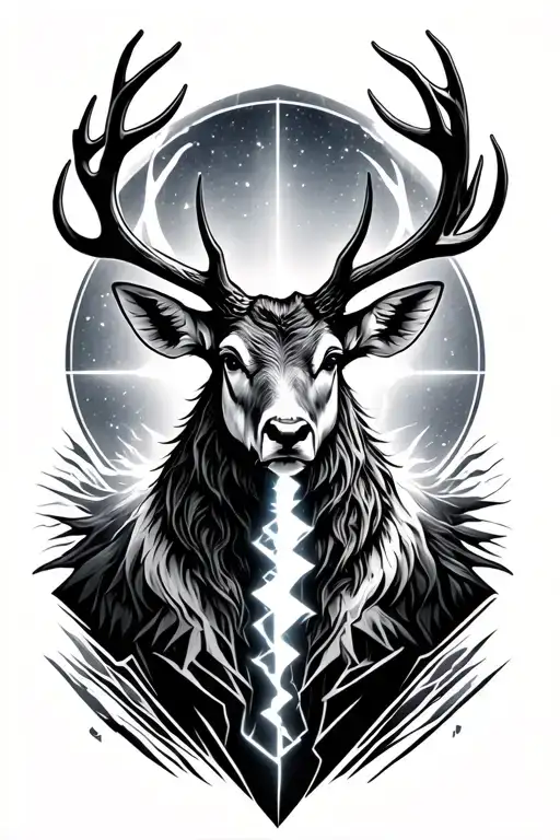 realist front-facing stag god , glowing chest crack, melancholy and hope, ocean and cosmos elements, geometrical shapes  tattoo design idea