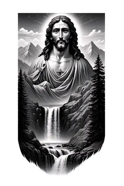 mountin with waterfall and small jesus christ head above the mountains  tattoo design idea