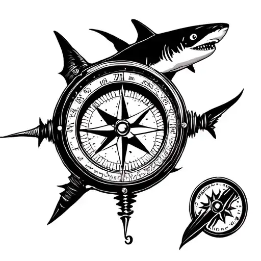 nautical compass with shark swimming tattoo design idea
