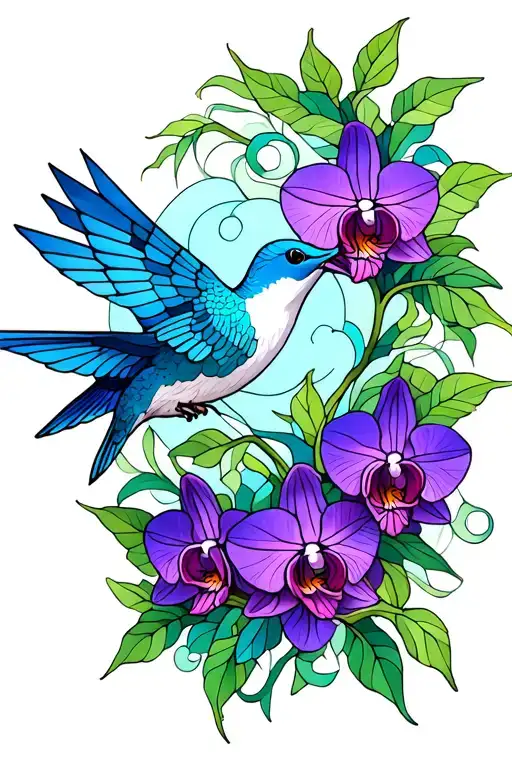 Blue purple orchids at bottom, green leaves and vines coming up, stained glass hummingbird, tattoo background minimalist tattoo design idea