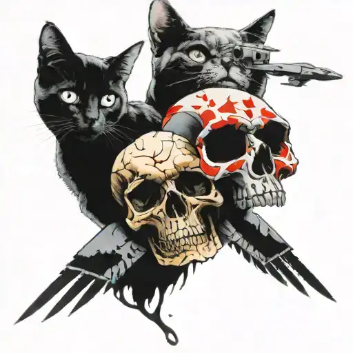 3 cats against the background of a skull and a drone tattoo design idea