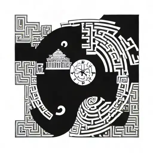 An abstract representation of the Greek labyrinth symbolizing the complexities of law enforcement, with hidden clock motifs scattered throughout tattoo design idea