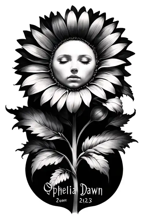 words Ophelia Dawn, sun flower , year 2023 incorporated tattoo design idea