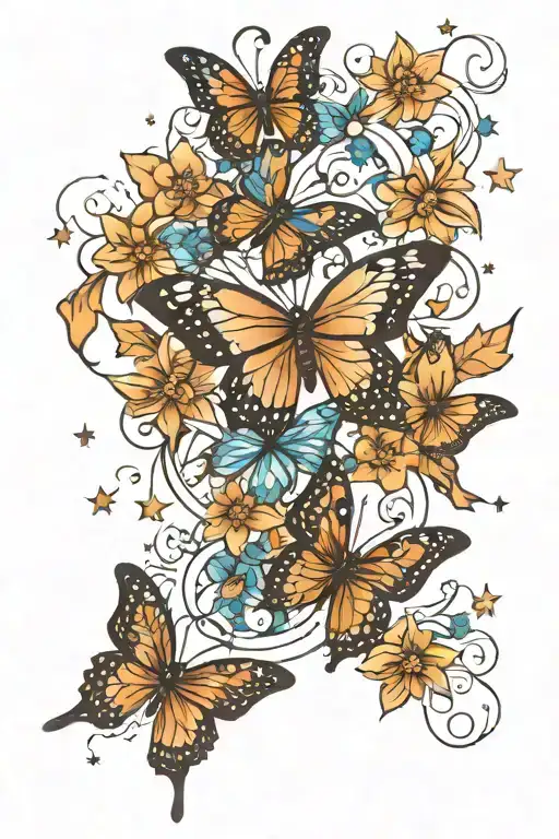 butterflies and stars with the name Ysabel tattoo design idea