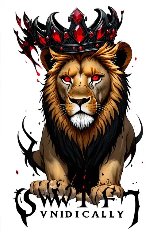 "SWIFT underneath VERTICALLY " fearsome lion with red eyes wearing a black and red jewel crown, the lion has scars showing the batter it went through  tattoo design idea