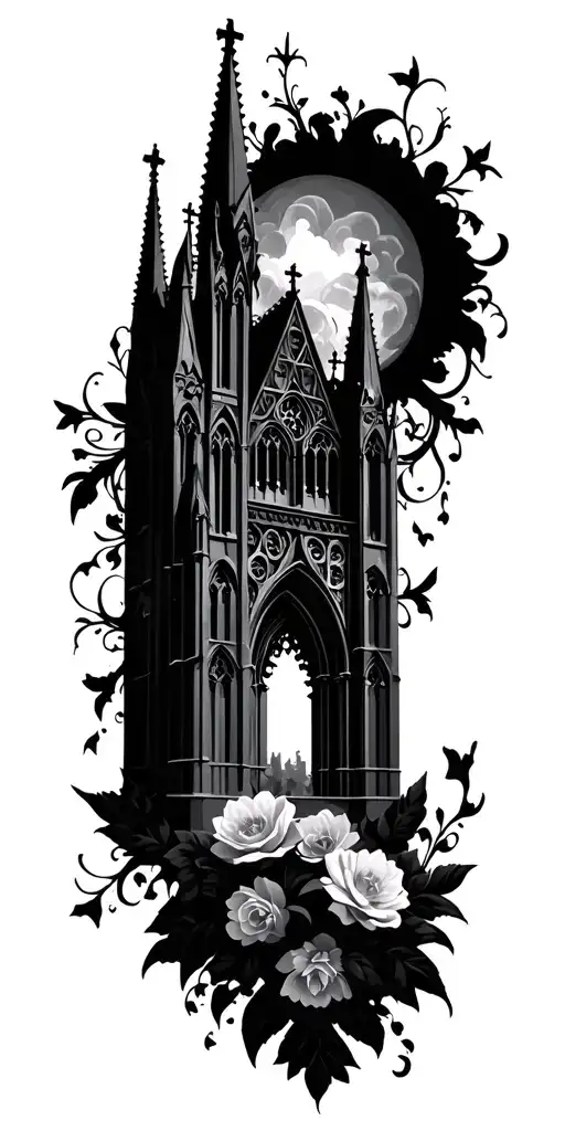 gothic cathedral and floral design tattoo design idea